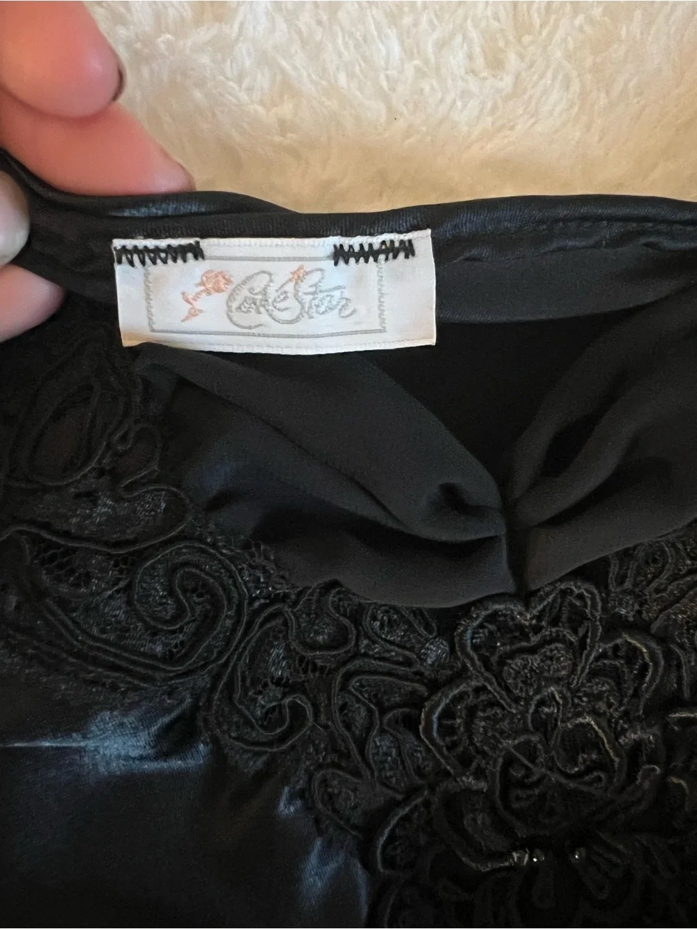 Vintage Black Satin Slip with Lace Appliqué - Picture 5 of 7